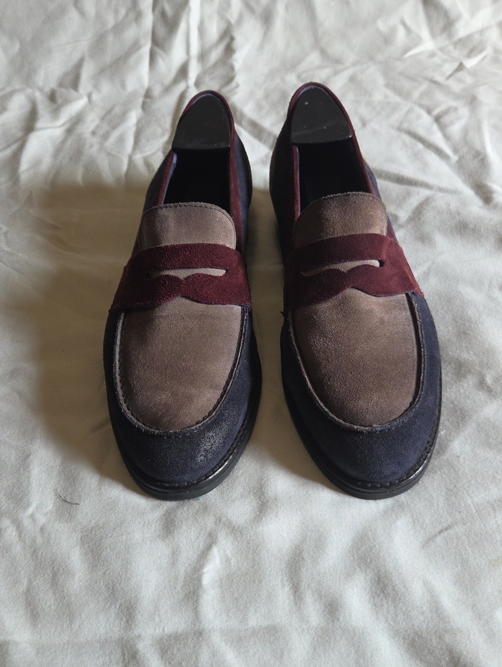 Women's Suede Penny Loafers in Burgundy, Taupe & Navy